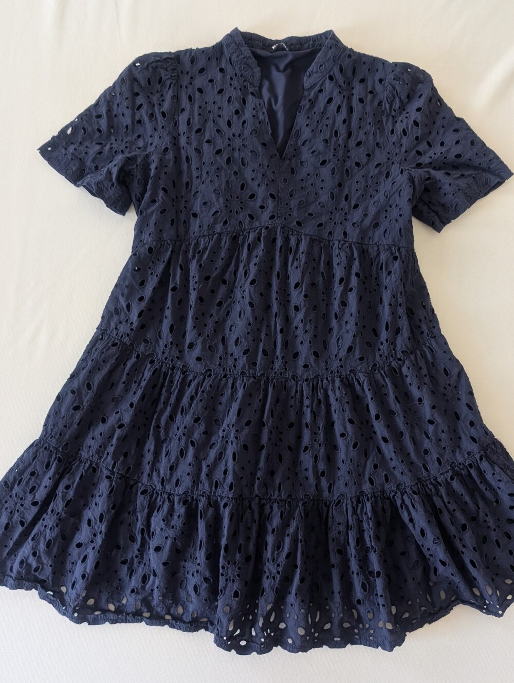 BTFBM Womens Boho Summer Mini Dresses V-Neck Short Sleeve Cotton Lace Navy Sz M